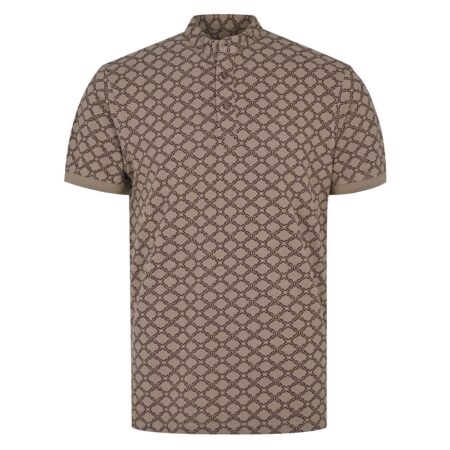Camel Printed Band Collar Cotton T-shirt