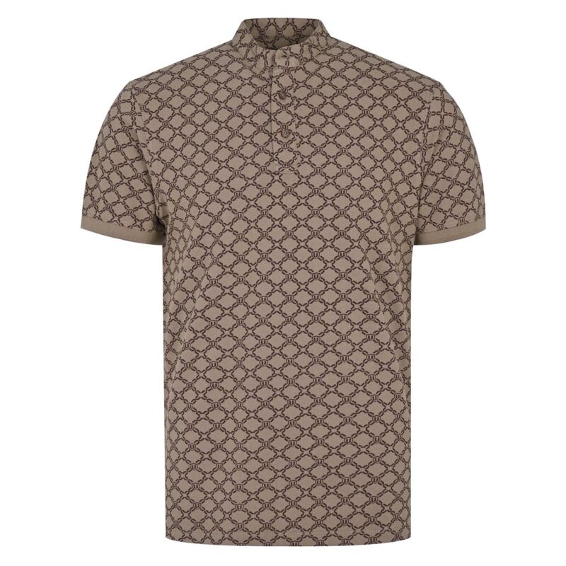 Camel Printed Band Collar Cotton T-shirt