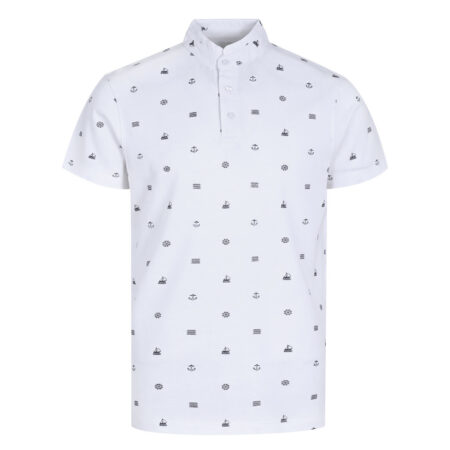 White Printed Band Collar Cotton T-shirt