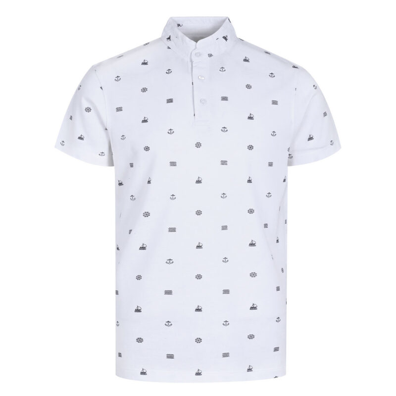 White Printed Band Collar Cotton T-shirt