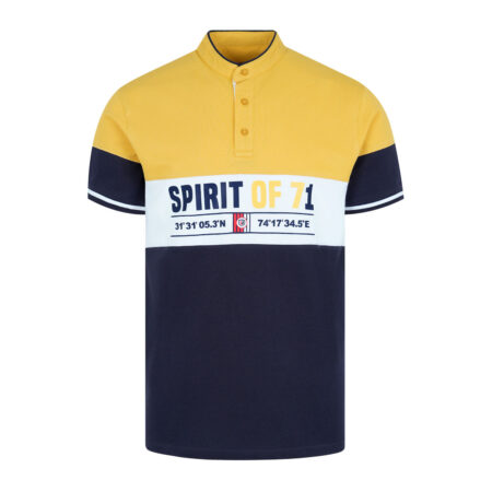 Spirit Of 71 Yellow Color Block Band Collar T-shirt
